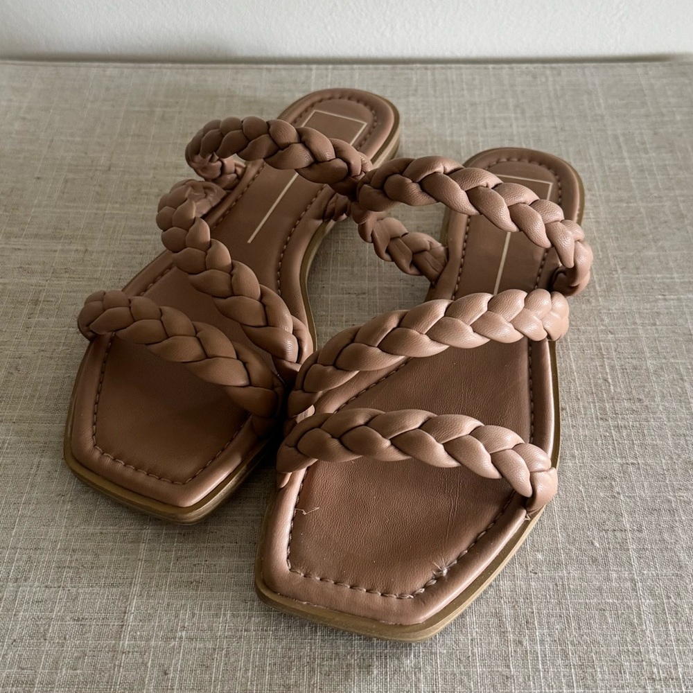 Dolce Vita Indy Tan Braided Straps Neutral Slip-On Square Toe Sandals - 7.5